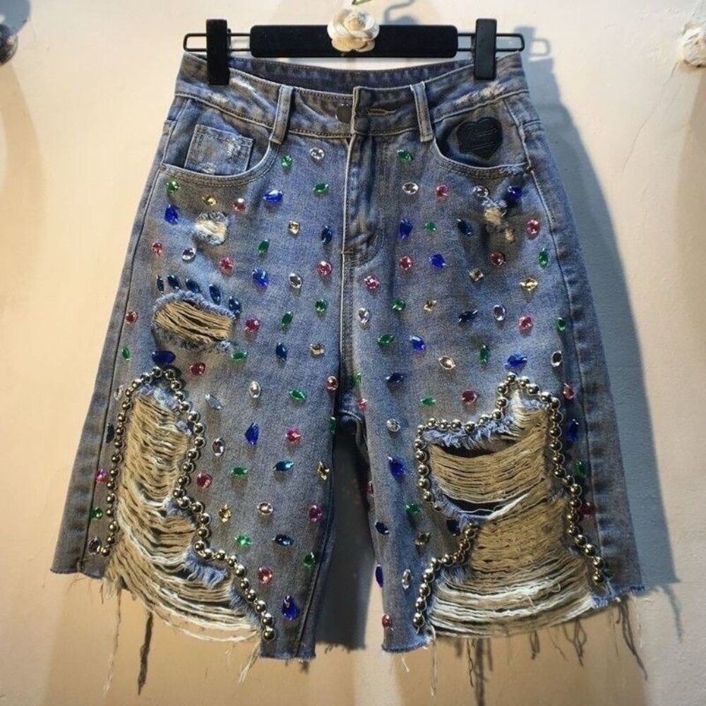 Woman Colorful Diamond-Encrusted Denim Shorts Size M Blue High Waist Ripped
